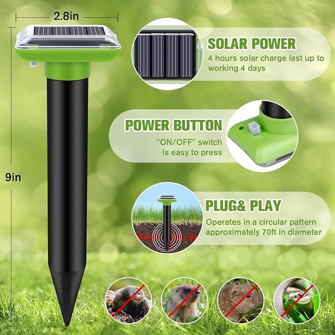 Solar Mole Repellent, Ultrasonic Gopher Repeller Outdoor, 6 Packs Solar Powered Waterproof Snake Repellent Deterrent Gopher Vole Snake Pest and Other Animals from Lawn Garden Yard Home (6PCS)
