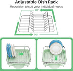 SNTD Dish Drying Rack, Expandable Dish Rack for Kitchen Counter, Stainless Steel Dish Drainer with Drainboard Set and Utensil Holder (Green)