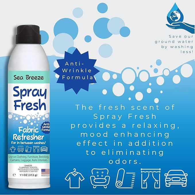 Spray Fresh Fabric Refresher - Deodorizer & Freshener for Clothing, Bedding, Furniture & More - Eliminate Smoke Smell & Pesky Odors - Helps Prevent Fabric from Wrinkling (Sea Breeze)