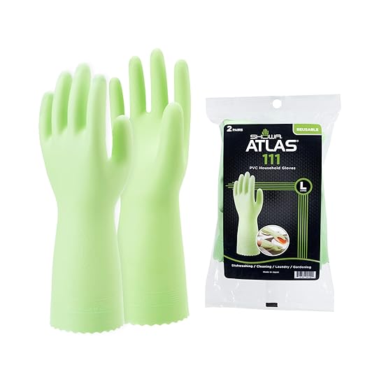 SHOWA 111 Skin-Friendly Dishwashing Gloves, Latex-Free PVC, Reusable Housekeeping Gloves with Cotton Liner, Non-Slip Grip for Kitchen & Gardening, Made in Japan, Large, 2-Pairs