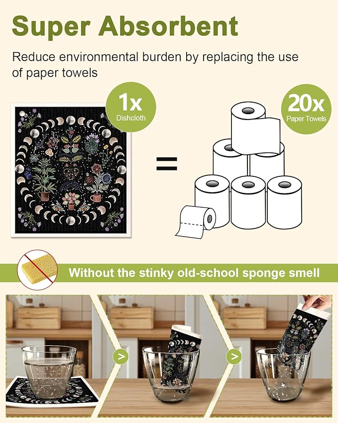 6 Pack Swedish Dishcloths for Kitchen - Reusable Dish Cloths for Washing Dishes Absorbent Cute Funny Kitchen Towels Cleaning Sponge, Moon Butterfly