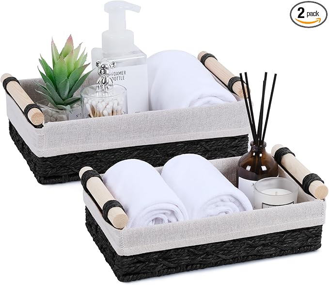 Wicker Storage Basket with Wooden Handle – Paper Rope Decorative Toilet Paper Baskets & Bathroom Organizer for Toilet Tank Top, Shelves, Bedroom, Countertop,Home,Office Storage Bins, 2 Pack,Black