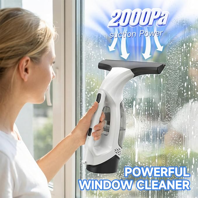Cordless Window Vacuum Squeegee with Extension Pole Electric Window Cleaner Tool 11 inchs Electric Window Vacuum Shower Squeegee for Shower Door, High Window, Tile and Car Windshield
