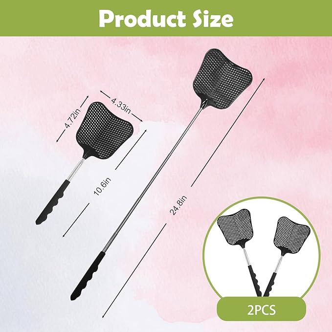 Fly Swatter Heavy Duty Set, with Durable Telescopic Stainless Steel Extendable Handles, for Home, Classroom, Indoor Outdoor Office, 2Pcs, Black