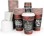 Disposable Coffee Cups with Lids for 24 Guests 16 oz, Christmas Buffalo Plaid Hot Cups for Coffee/Tea/Water/Juice, Xmas Premium Party Tableware Sets for Holiday, Winter, School, Family