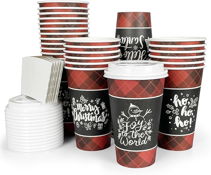 Disposable Coffee Cups with Lids for 24 Guests 16 oz, Christmas Buffalo Plaid Hot Cups for Coffee/Tea/Water/Juice, Xmas Premium Party Tableware Sets for Holiday, Winter, School, Family