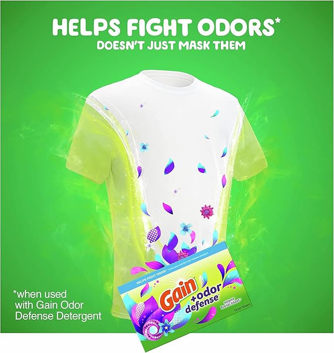 Gain + Odor Defense Dryer Sheets, Super Fresh Blast Scent Fabric Softener Sheets, 240 ct (Pack of 2)