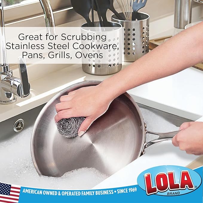 Stainless Steel Wool Scouring Pad, 2 Pack, by LOLA Brand, 18 Grams - Curled Flat Wire, Cleans Caked On & Baked On Messes on Cookware