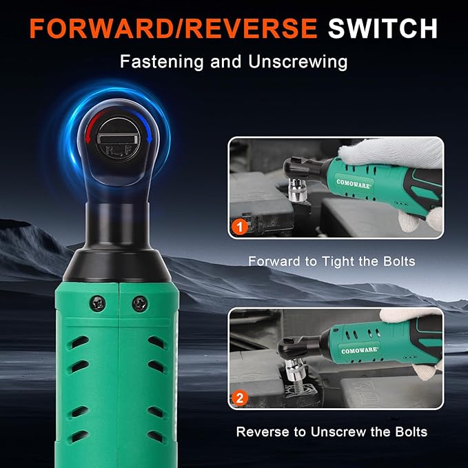 COMOWARE 3/8 Cordless Electric Ratchet Wrench Kit, 40ft-lbs Torque, 12V Power, 8 Sockets, LED Light, Fast Charger, Ergonomic Design