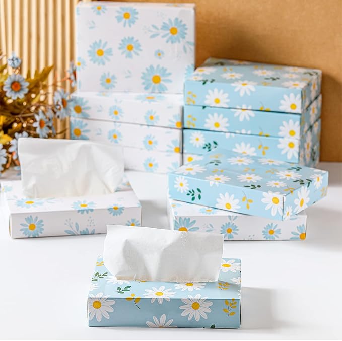 Yinder 24 Packs 960 Sheets Tissue Cube Car Facial Boxes Disposable Facial Travel Tissues Holder Soft Watercolor Boxes 2 Ply 40 Sheets for Wedding Household Car Kitchen Bathroom(Fresh Daisy)