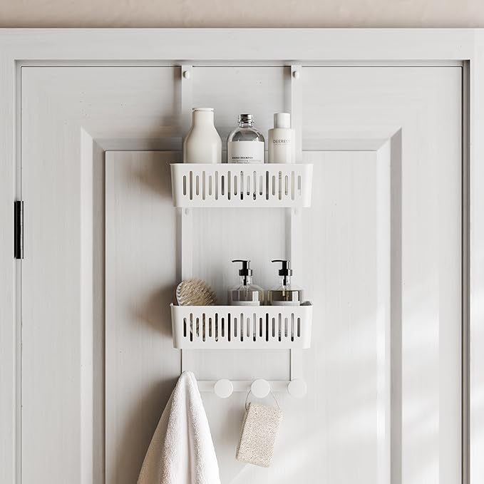 Zenna Home SnugFit Over the Door Caddy Organizer with 2 Storage Baskets and 4 Hooks, Over Door Hanging Organizer for Bathroom, Kitchen, Bedroom, Closet, Easy to Install, No Drilling, White