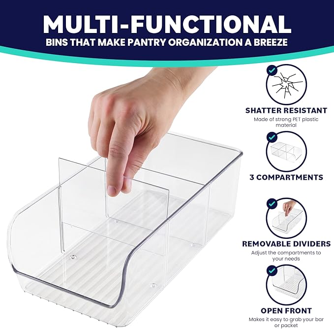 ELTOW 6-Pack Snack Organizer, 3-Compartment Plastic Bins with Removable Dividers, Chip & Food Storage for Pantry, Spices, Fridge, and Cabinet