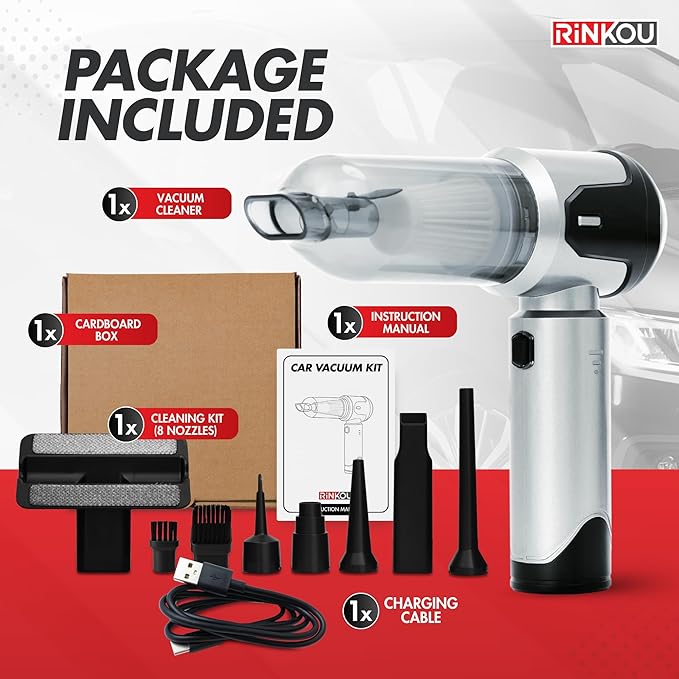 Car Vacuum Portable Cordless – Handheld Cleaner, Mini Car Vacuum, Small Portable Vehicle Cleaner with 8 Attachments, Blower, Spray Lubricant & Microfiber Towels for Truck & Interior Cleaning