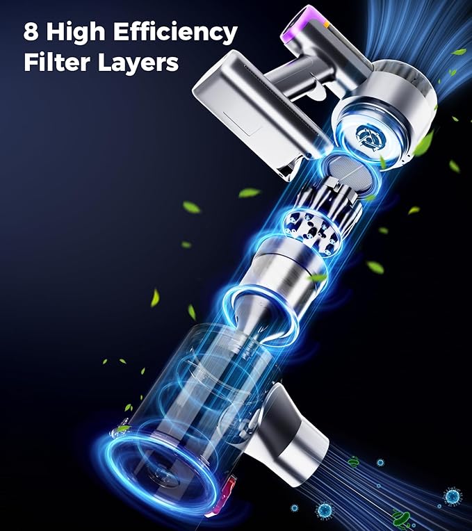 Cordless Vacuum Cleaner, 500W 40Kpa 60Mins Vacuum Cleaners for Home, Anti-tangle Stick Vacuum with Self-Standing, Wall Mount Charging, LDE Display, Wireless Vacuum for Carpet Pet Hair Hardfloor, Blue