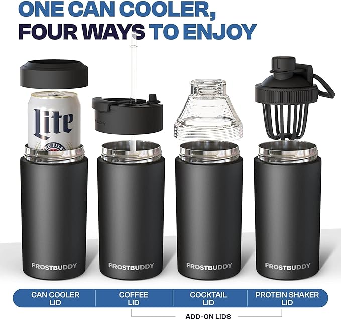 Frost Buddy Universal Can Cooler - Fits all - Stainless Steel Can Cooler for 12 oz & 16 oz Regular or Slim Cans & Bottles - Stainless Steel (Shake My Bones)