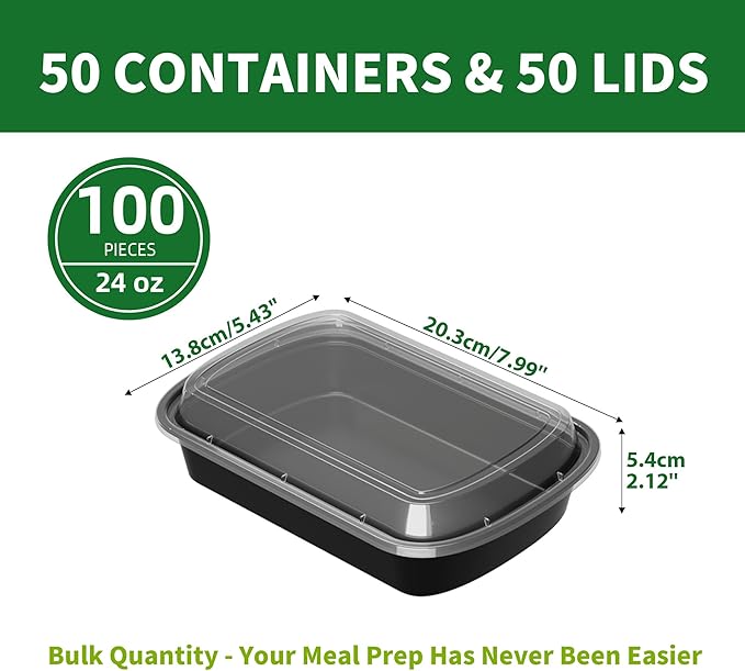 Meal Prep Containers, 50 Pack 24oz (100-Piece) Disposable Take Out Food Storage Containers with Leakproof Lids, Reusable Plastic To Go Lunch Boxes, BPA Free, Microwave/Dishwasher/Freezer Safe