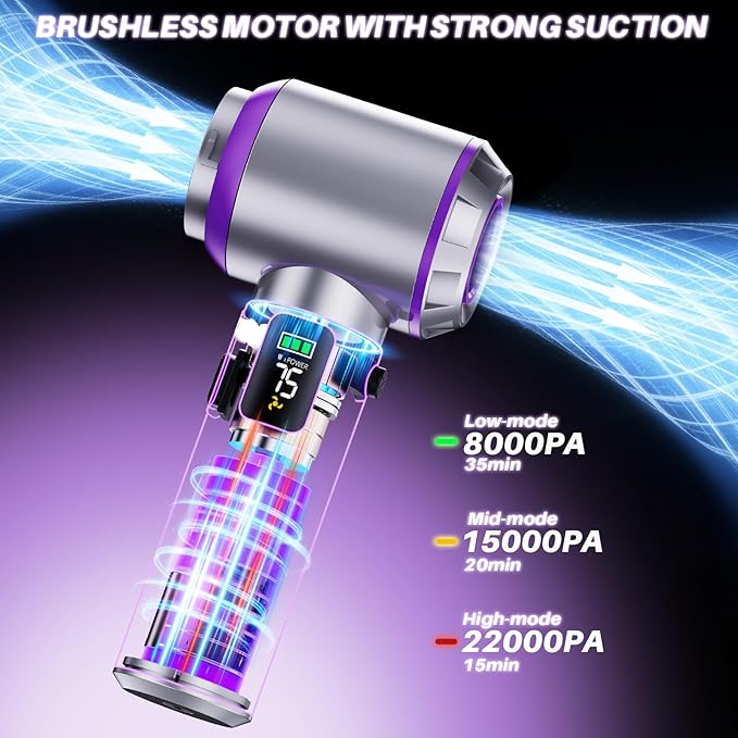 Car Vacuum Cleaner Portable, 22000PA High Power Handheld Vacuum Cordless with Brushless Motor & LED Light, Small Vacuum for Car, Home, Pet, Office