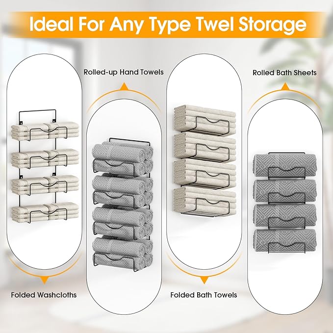 Towel Racks for Bathroom,Towel Rack Wall Mounted, 6 Tier Rolled Or Folded Towel Holder with Floating Shelves, Bathroom Towel Holder for Bath, Hand Towels,Metal,White Wood Panel