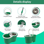 Spin Mop and Bucket with Wringer Set, 360° Spinning Mop Bucket System with 3 Microfiber Mop Replacement Heads, Adjustable Handle for Floor Cleaning (Green)