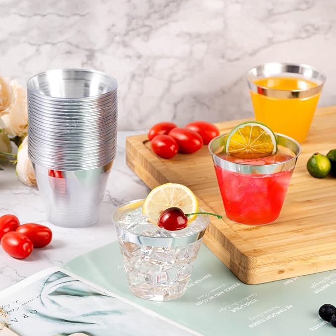 Goodluck 100PCS 9oz Plastic Cups for Party, Disposable Silver Cups, Plastic Cocktail Glasses for Wedding Thanksgiving, Christmas, and Parties