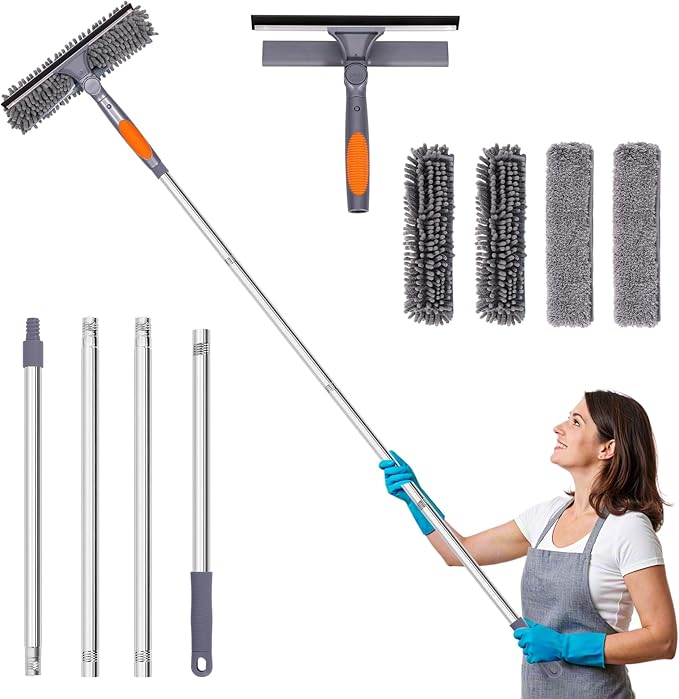 Window Washing Kit with Extension Pole, 73’’ Window Cleaning Squeegee Kit, 3 in 1 Window Cleaning Kit with 2 Microfiber Pads & 2 Chenille Pads for Indoor Outdoor Windows