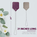 Fly Swatter Heavy Duty Vegan Leather, 21" Thicker Extra Long Sturdy Metal Woven Wire Handle, Manual Large Flies Killer Swatters Insect Smasher Bug Bee Wasp for Indoor and Outdoor (1 Pack, Purple)