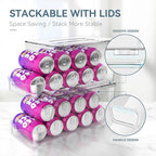 Soda Can Dispenser for Refrigerator with Lids, Stackable Drink Organizer for Fridge, Clear Plastic Refrigerator Organizer Bins, Beverage Can Holders for Pantry, Freezer, Kitchen, Cabinets Set of 2