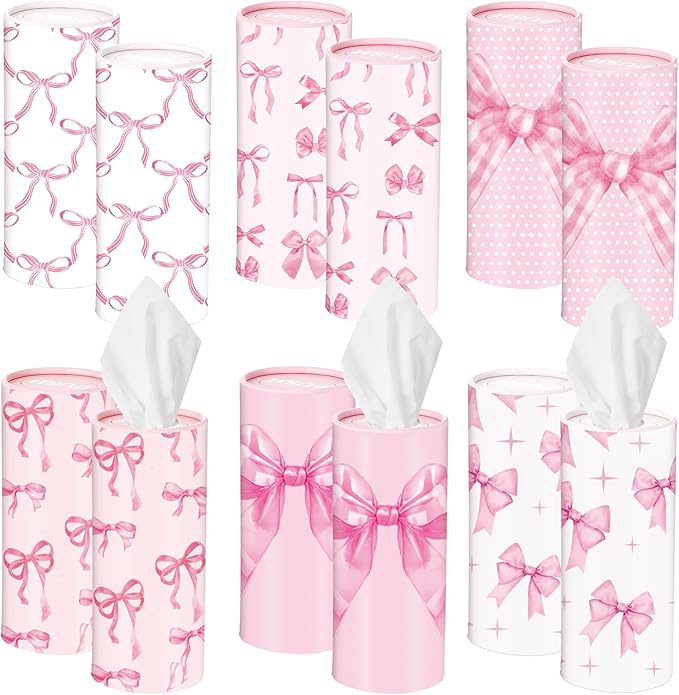 Outus 12 Pcs Car Tissues Cylinder Holder with 3 Ply Facial Tissue Bulk Black White Round Tissue Holder Travel Tissues Boxes Container for Car Cup Wedding Birthday Party (Bow)