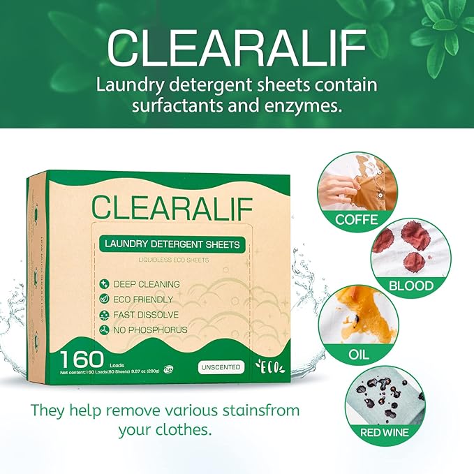 CLEARALIF All In One Laundry Kit. 80 Unscented Laundry Sheets, 7 oz Lavender Scent Booster, 80 Color Absorber Sheets
