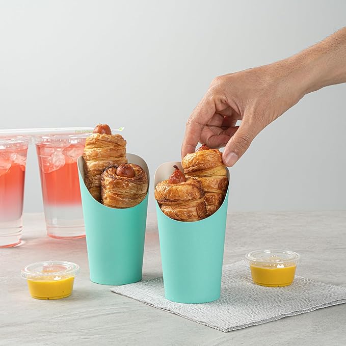 Restaurantware Bio Tek 16 Ounce French Fry Containers 100 Disposable Charcuterie Cups - Incline Design Round Turquoise Paper French Fry Cups Stackable For Waffles Chips or Popcorn