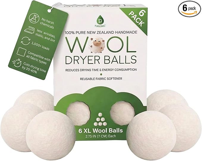Pursonic XL Laundry Wool Dryer Balls Made with 100% Pure New Zealand Wool - Natural Reusable Fabric Softener Balls for Drying Time & Energy Consumption - Reduces Clothing Wrinkles & Lint - Set of 6