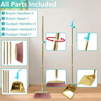 Broom and Dustpan Set Heavy Duty, Gold Stainless Steel Broom with Dustpan Combo Set, Long Handle Upright Metal Dust Pan with Comb Teeth for Pet Hair, Home, Kitchen and Office (Golden Teeth)