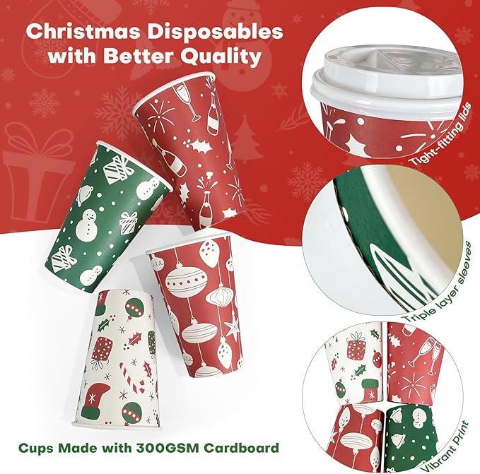 Christmas To Go Coffee Cups with Lids 16 oz Insulated Cups, 48 Packs Hot Cup for Chocolate/Coffee/Tea/Water/Juice, Coffee Bar Accessories with Lid & Sleeve, Christmas Cups Disposable Supplies