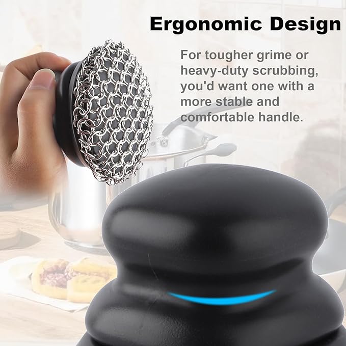 Upgraded Cast Iron Cleaner Brush with Heavy Duty Handle, Chain Mail Cast Iron Skillet Pan Scrubber for Griddle Cleaning Brush with Pan Grill Scrapers