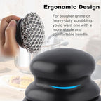 Upgraded Cast Iron Cleaner Brush with Heavy Duty Handle, Chain Mail Cast Iron Skillet Pan Scrubber for Griddle Cleaning Brush with Pan Grill Scrapers