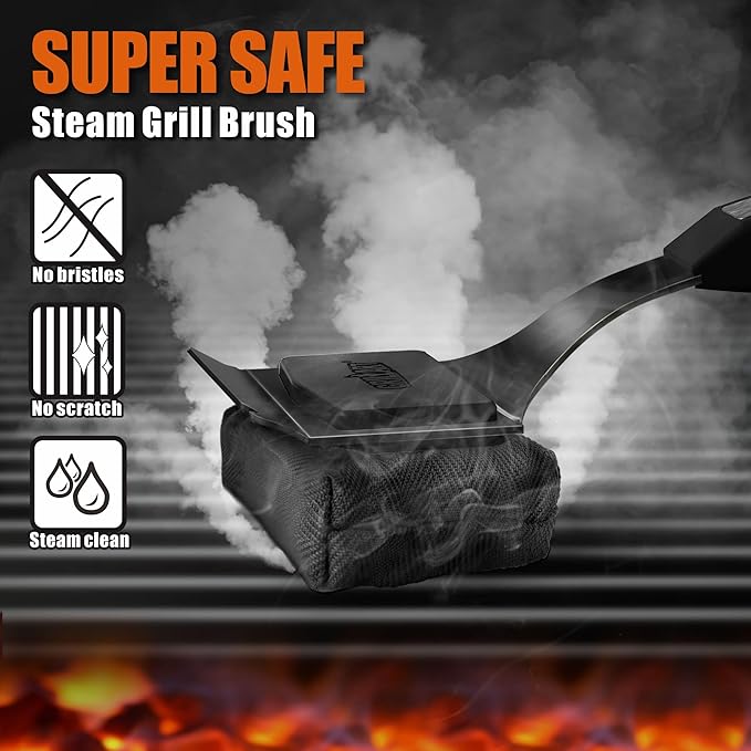 GRILLART Grill Brush Bristle Free. SteamWizards BBQ Replaceable Cleaning Head, Seamless-Fit Scraper Tools for Cast Iron/Stainless-Steel Grates Griddle, Safe Barbecue Grill Cleaner Brush-Dark Black