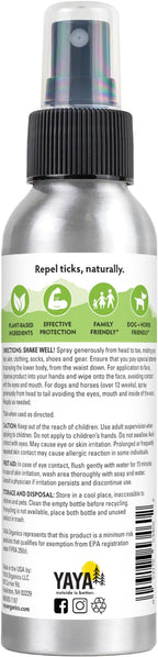 Yaya Organics All Natural Extra Strength Tick Repellent DEET Free - 4 Ounce Spray Bottle