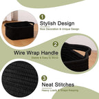 OIAHOMY Cotton Rope Woven Baskets for Storage, Nursery Rectangle Storage Basket with Handles for Shelves, Pack of 3, Black
