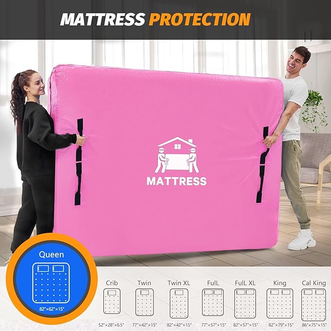 Mattress Bags for Moving, BETU Mattress Protector Waterproof Mattress Cover Queen Size Storage Bags with 8 Heavy-Duty Handles and Zipper for Bed Extra Thick Large Reusable (82"x62"x15" Pink)