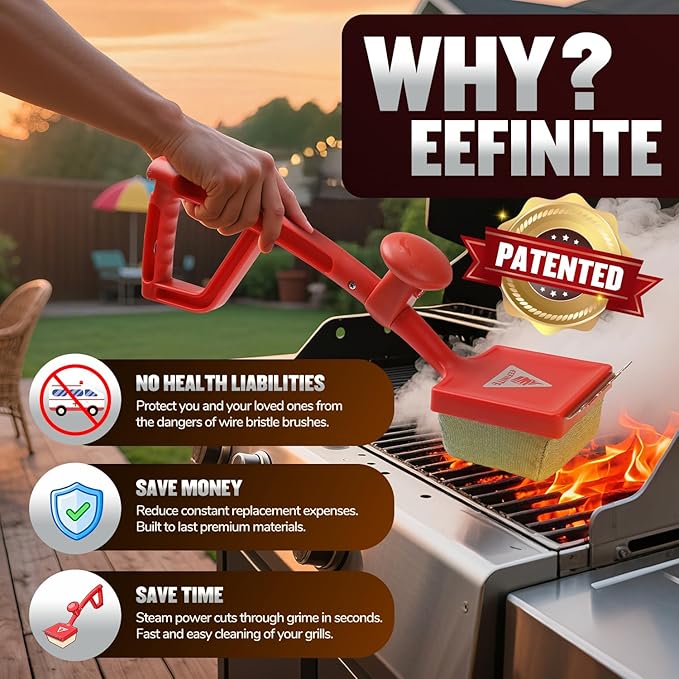 Steam Grill Brush Bristle Free, Safe Cleaning BBQ Grill Brush with Scraper, Replaceable & Dishwasher-Safe Scrub Head, Grill Cleaner Tool with Durable Ergonomic Handle, Red