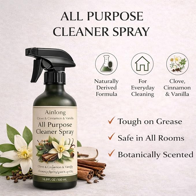Ainlong Clove Cinnamon Vanilla All Purpose Cleaner Spray – Multi-Surface Formula for Kitchen, Bathroom, Countertops & Modern Home Care – 16 fl oz (1, 473ml)