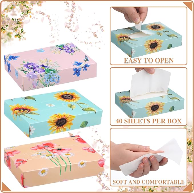 TaoBary 24 Packs Flower Small Boxes of Tissues Car Facial Tissue Boxes Disposable Tissue Packs Cube Facial Tissues 2 Ply 960 Sheets for Holiday Party Bathroom Office Floral Home Decor
