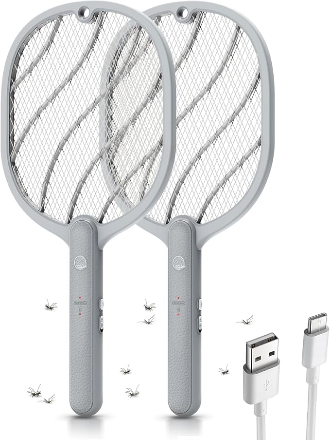Electric Fly Swatter, 3800V Handheld Bug Zapper Racket, Type-C Rechargeable, Mosquito Zapper for Indoor Outdoor, 3-Layer Safety Mesh, Easy to Use, Lightweight (Basic 2 Pack)