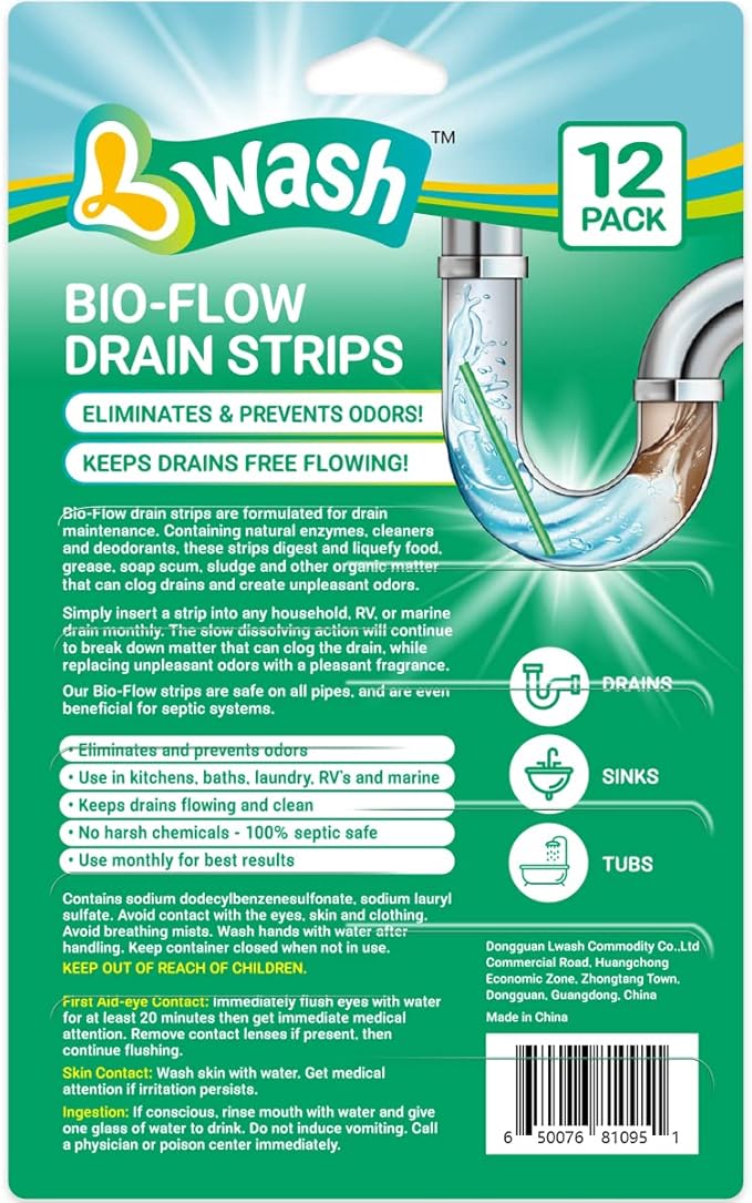 Lemon Scent Bio-Flow Drain Strips - 48 Strips | L-Wash Drain Cleaner & Odor Remover Drain Sticks - Keeps Drains Fresh
