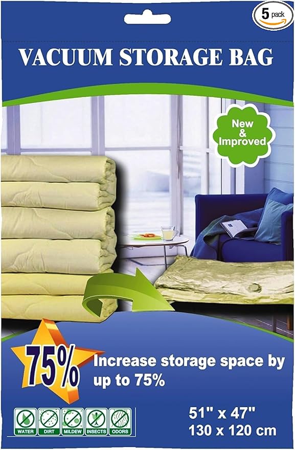 5 Pack Extra Jumbo Vacuum Storage Bags (51"x47"in Our Largest Size) Airtight Seal, Waterproof, Dustproof, for Clothes, Blankets, Comforters, Pillows, Bedding, Closet Organizing, Winter Storage.