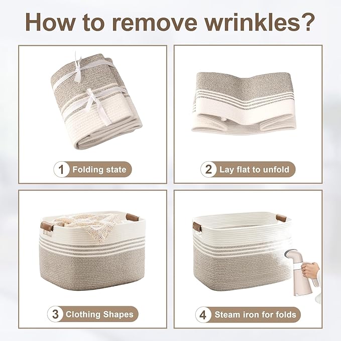 45L Small Laundry Basket with Leather Handles for Living Room Storage, Woven Rope Baskets Bin for Blanket, Kids Toy, Gifts, Wicker Hamper for Bedroom Dirty Clothes, 18"x14"x11" Denim Blue