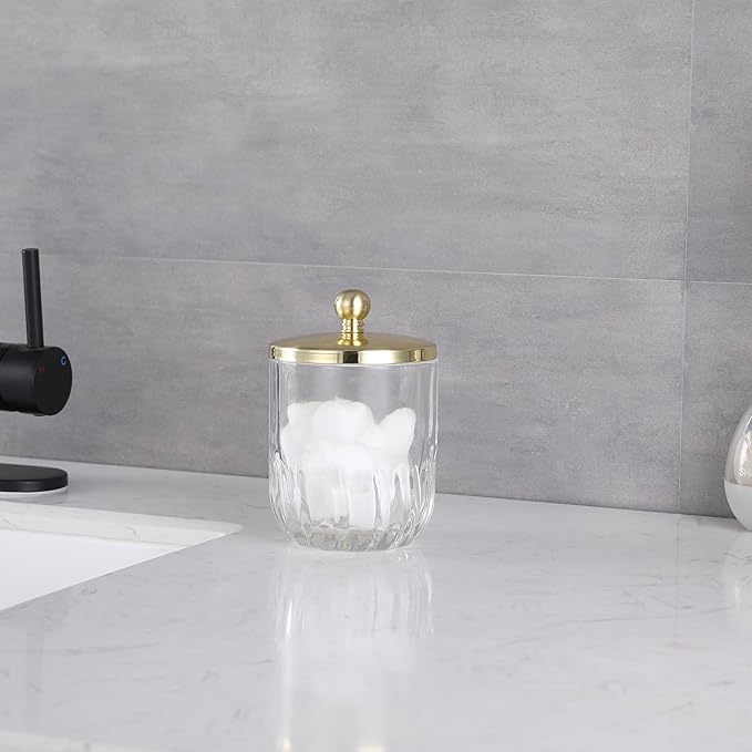 Clear Transparent Apothecary Vertical Wavy Glass Jar With Gold Metal Lid Cover for Bathroom Organization, Cotton Balls, Q Tips, and Small Accessories, Bathroom Storage