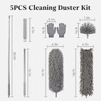 Microfiber Feather Duster 5-in-1 Kit with Extension Pole, Washable Cleaning Duster Set with 3 Duster Heads, Cobweb Duster, Corner Brush, 100'' Extendable Long Duster for High Ceilings, Fans, Furniture