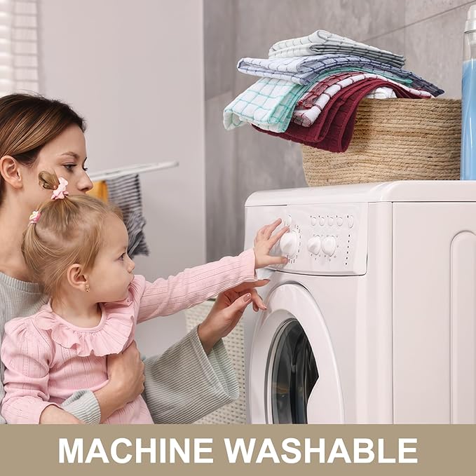 Homaxy Premium Cotton Kitchen Towels 16"x 28", Large Natural Ring Spun 390 GSM Dish Towels, Super Absorbent Terry Kitchen Hand Towels, Soft Tea Towel with Hanging Loop, Tan Check Design, 8 Pack