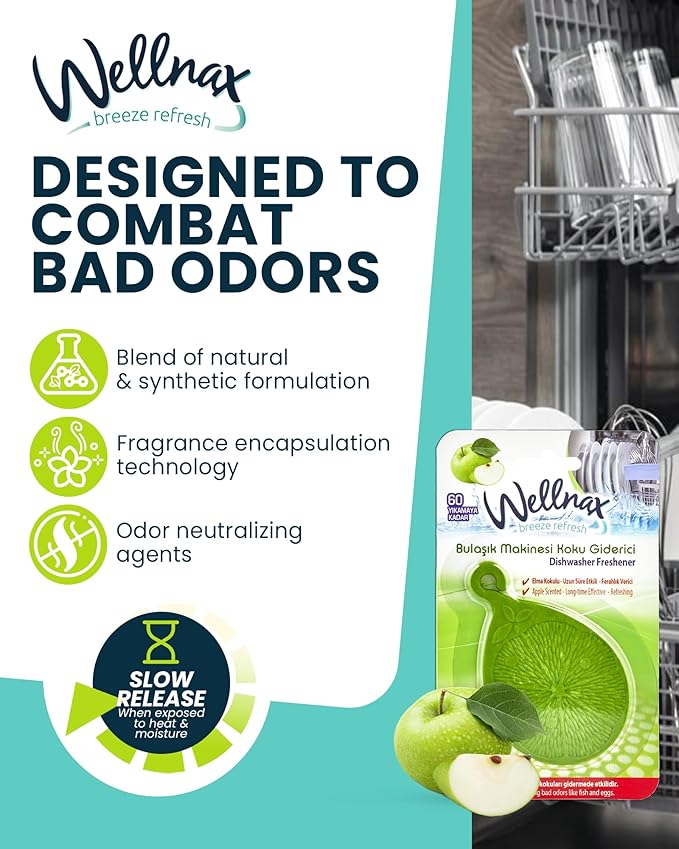 Wellnax Dishwasher Cleaner and Deodorizer - Rinse aid, Dishwashing Machine Odor Eliminator & Deodorizer,Fresh Fragrance Gel With Smell Removal Solution, Freshener Smelling In Dishwash (Green Apple)